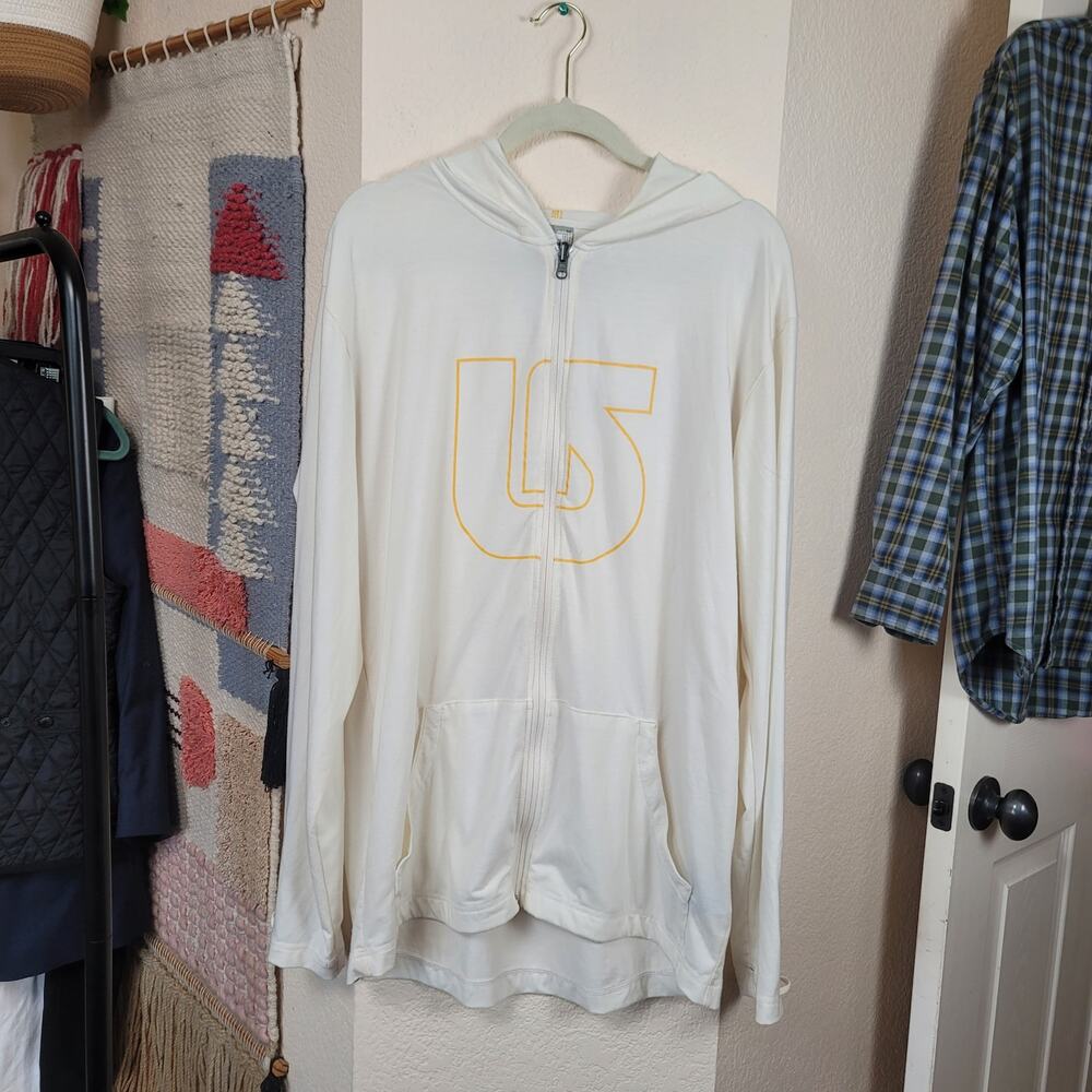 BURTON YELLOW LOGO FULL ZIP LIGHTWEIGHT HOODIE IN OFF WHITE, sz LARGE